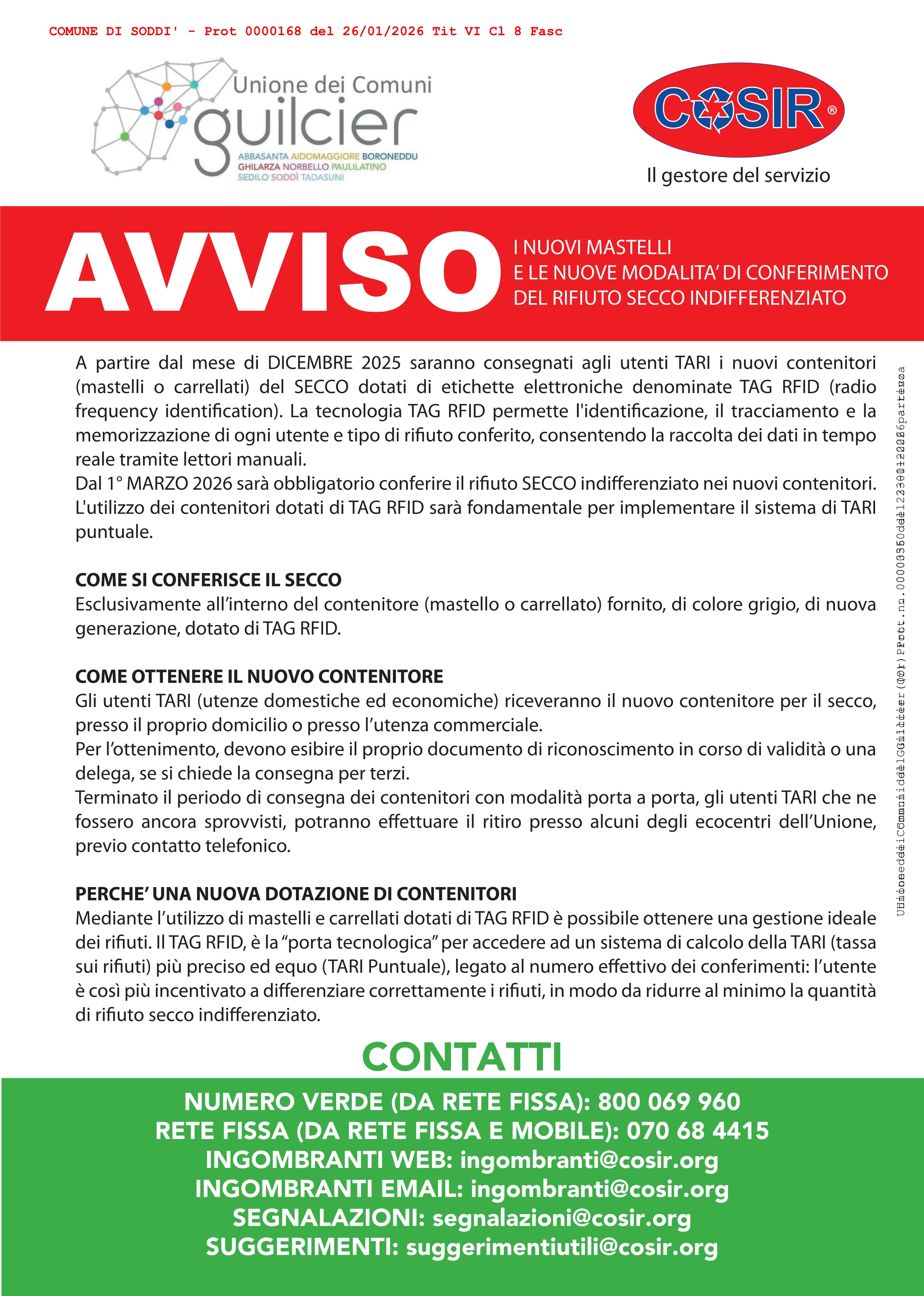 Servizio di raccolta differenziata rifiuti solidi urbani. Distribuzione mastelli per ilsecco